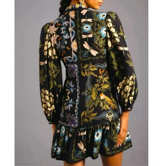 NEW FARM Rio Black Winter Garden Mini Dress Floral Birds Dragonfly Size M - Picture 2 of 7